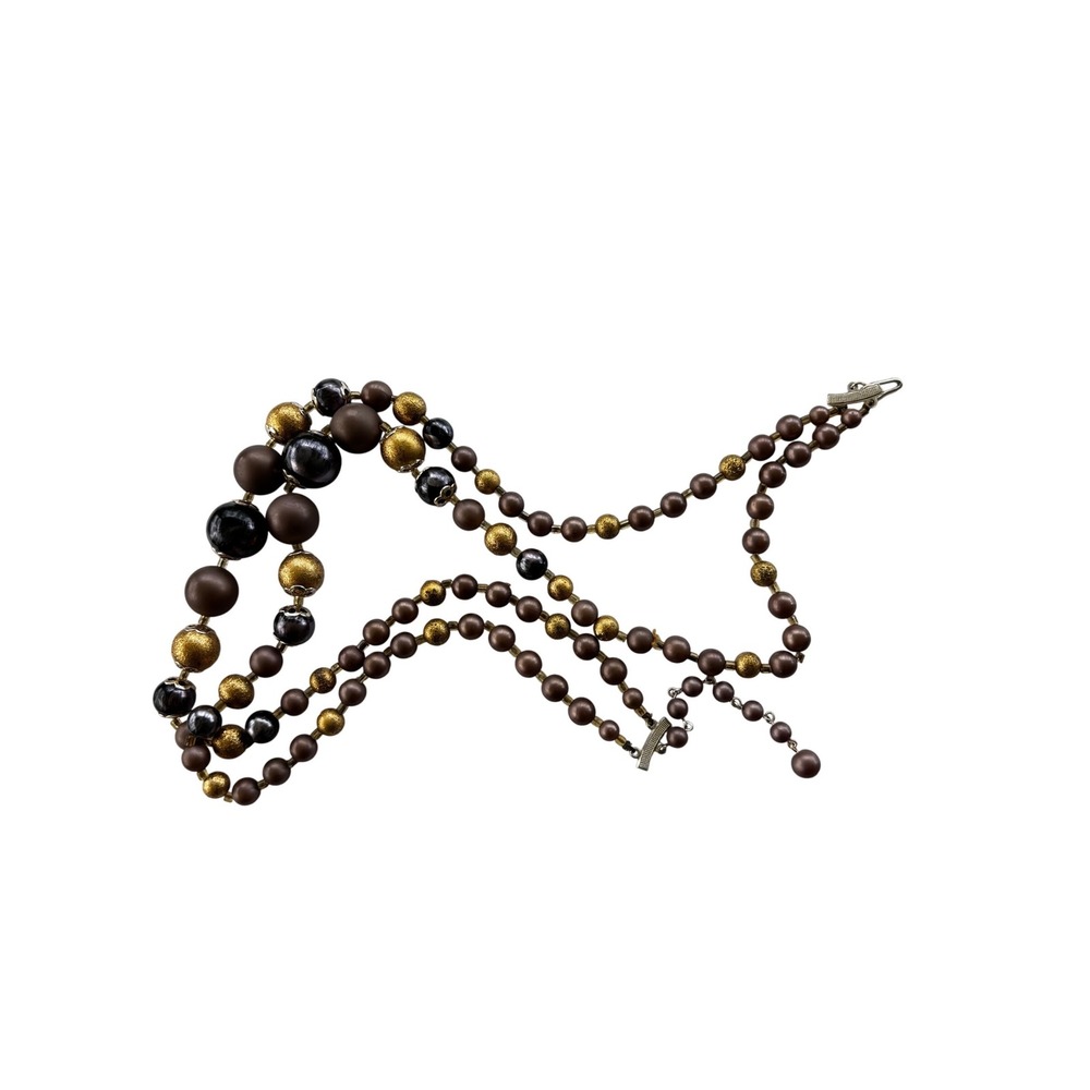 Vintage Multi-Strand Beaded‎ Necklace Brown Gold Metallic Statement Jewelry